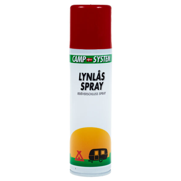 Lynlåsspray. Glidemiddel til kunststof- og metal lynlåse. Produktet får træge lynlåse til at glide nemmere, også efter rensning og vask. Lynlåsspray er ligeledes velegnet til at forhindre sammensmeltning og fastfrysning af gummilister og som glidemiddel på teltstænger og glideskinner.