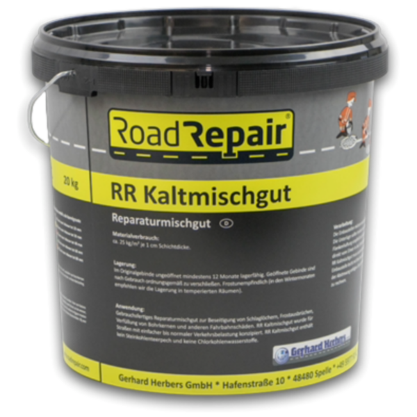 Koldasfalt RR Kaltmischgut. Koldasfalt RR Kaltmischgut repair anvendes til udfyldning af slag- og borehuller, små huller i asfalt og reparation rundt om brønddæksler og lignende. Produktet kræver ikke specielværktøjer men skal stampes let. Den sidste hærdning sker ved trafikkens belastning. Det anbefales at man først bruger RR HKM Primer som vedhæftningskant, for at opnå det bedste resultat og slutter af med lidt sand eller splitter efter endt arbejde. Asfalten  kan lægges ud i al slags vejr.