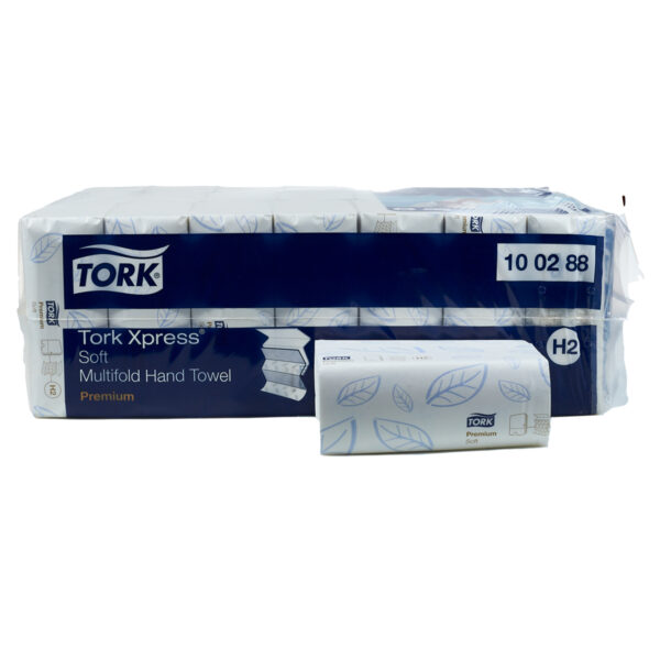 Tork Xpress håndklædeark 100288. Tork Xpress soft Premium Multifold håndklædeark H2 er store, bløde ark som skåner hænderne og føles behagelige. Disse håndklædeark passer godt hvor pladsen er trang. Papiret er stærkt, absorberende QuickDry og blødt med  bladmotiv, hvilket giver en følelse af høj kvalitet. Passer til H2 mini dispenser 552100 hvid og 552108 sort. 2 lag 2310 ark. Papiret er FSC- og EU Ecolabel certificeret.