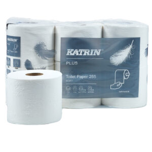 Katrin Plus toiletpapir 285 3-lag. Katrin Plus toiletpapir i hvid nyfiber. Toiletpapir blød og stærk kvalitet. 3 lag. 285 ark. Almindelig størrelse toiletpapir med mange meter, hvilket giver færre skift. Papiret er svanemærket.
