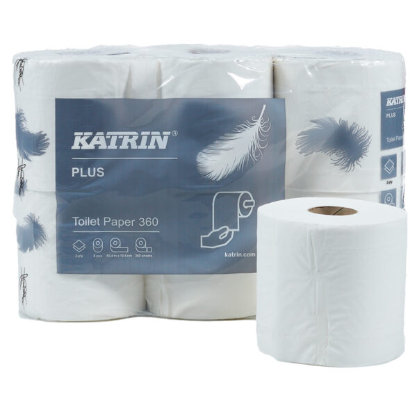 Katrin Plus toiletpapir 360 2-lag. Katrin Plus toiletpapir i hvid nyfiber. Blød og stærk kvalitet. 2 lag. 360 ark. Almindelig størrelse toiletpapir med mange meter, hvilket giver færre skift. Papiret er Svanemærket.