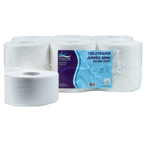 Pristine toiletpapir Mini Jumbo 104757. Toiletrulle Pristine Extra Soft Mini Jumbo hvid nyfiber. Blødt papir med  perforing. 2 lag. 842 ark. Med hylse. Til papirdispenser. Ecolabel certificeret.