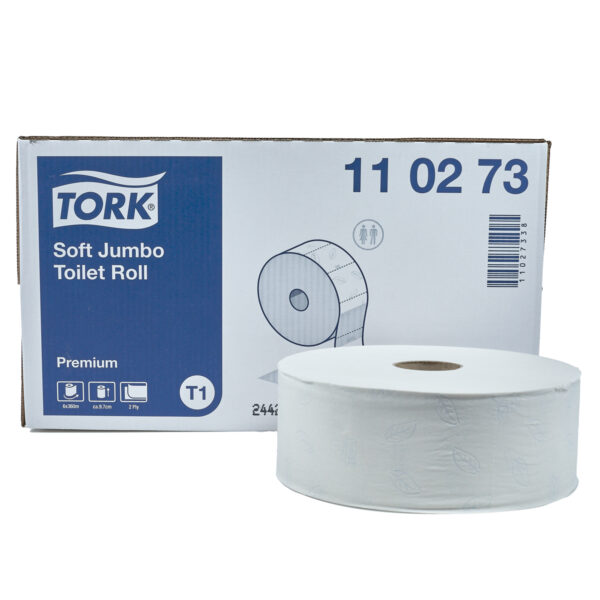 Tork Premium toiletpapir Jumbo 110273. Tork Premium toiletpapir Soft Jumbo til T1 dispenser 153783 og 1537784. Ekstra blødt hvidt papir præget med gråt bladmønster. 2 lag. 1800 ark. pr. rulle. Papiret er velegnet til steder med mange toiletter og besøgende. Papiret er FSC-certificeret og Ecolabel certificeret.