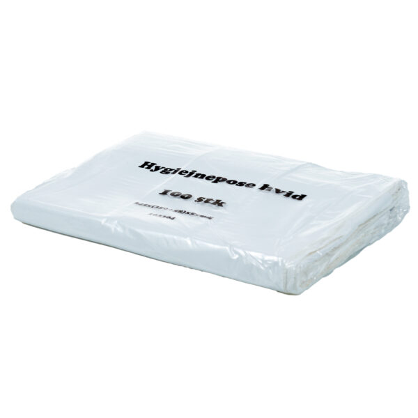 Hygiejnepose hvid 245x350 mm 5 liter. Hygiejnepose hvid 245x350 mm 35 my 5 liter til metal stativ/klemmeholder. Posen anvendes til hygiejnebind og andre produkter som ellers vil kunne tilstoppe toiletter.